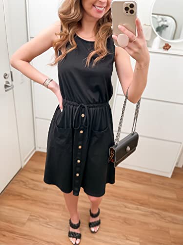 Ii Inin Women's Round Neck Sleeveless Drawstring Midi Dress Adjustable Waistline Sundress With Pockets(Black,M) #TOP3