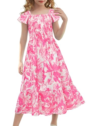 GRACE KARIN Girls Summer Floral Dresses, A-Line Flutter Sleeves Smocked Party Dress, Birthday Wedding Flower Dresses for Kids Rose Foliage 12-13 Years