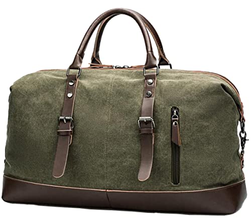 IBLUE Oversized Canvas Leather Trim Travel Tote Duffel Shoulder Weekend Bag Weekender Overnight Carryon Handbag Durable Bag,#B003 (army green)