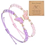 Grevosea 2 Pcs Friendship Bracelets, Butterfly Matching Bracelets Adjustable Strand Bff Bracelets for 2 Best Friend Bracelet Jewelry Gifts for Women Couples Friend (Pink, Purple)