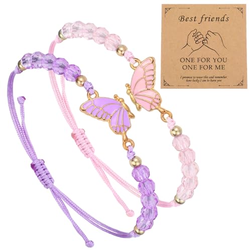 Grevosea 2 Pcs Friendship Bracelets, Butterfly Matching Bracelets Adjustable Strand Bff Bracelets for 2 Best Friend Bracelet Jewelry Gifts for Women Couples Friend (Pink, Purple)