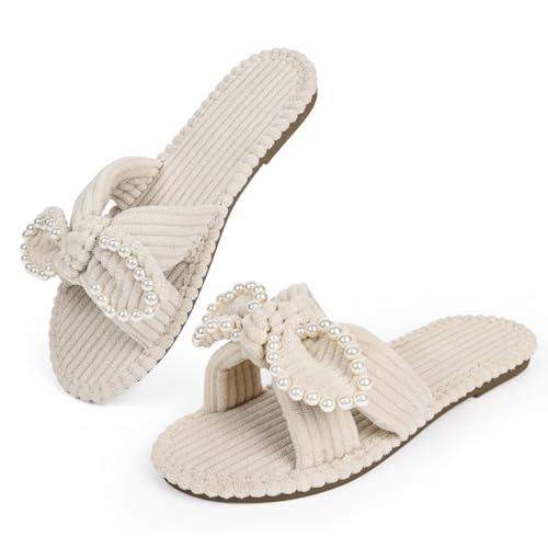 Women's Velvet Slippers Pearl Bow Open Toe Slide Corduroy Bedroom - Main Image