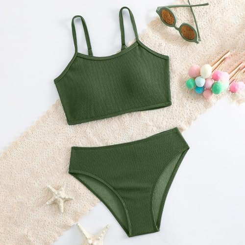 Girls Bathing Suit Casual Solid Color Adjustable Straps Bikini Sets Two Piece Ribbed Swimsuit Summer Beach Swimwear2