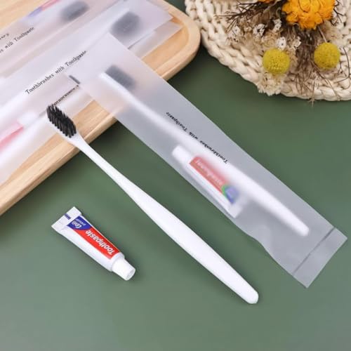 100 Pcs Disposable Toothbrushes with Toothpaste White Individually Wrapped Disposable Travel Toothbrush Kit in Bulk On The Go Disposable Toothbrush for Travel Hotel Guest Bathroom Essentials