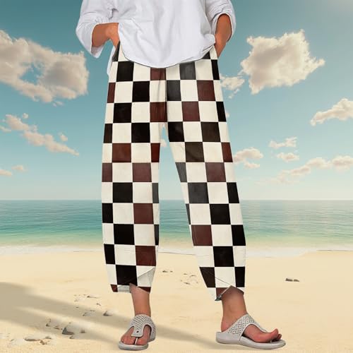 Image of DMOYALA Linen Pants for Women Summer Casual Wide Leg Capri Pants Loose Fit Palazzo Pants Cropped Beach Pants with Pockets