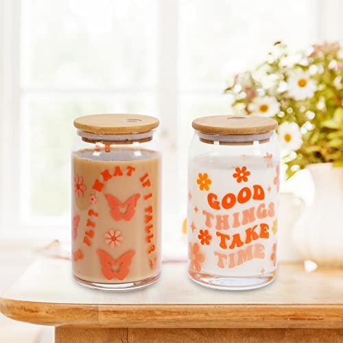 Whaline 4 Pack Groovy Retro Drinking Glasses 16Oz Boho Rainbow Daisy Butterfly Glasses Cup Inspirational Ice Coffee Cup With Bamboo Lid Glass Straw Cleaning Brush For Cocktail Whiskey Beer Soda Gifts #TOP6