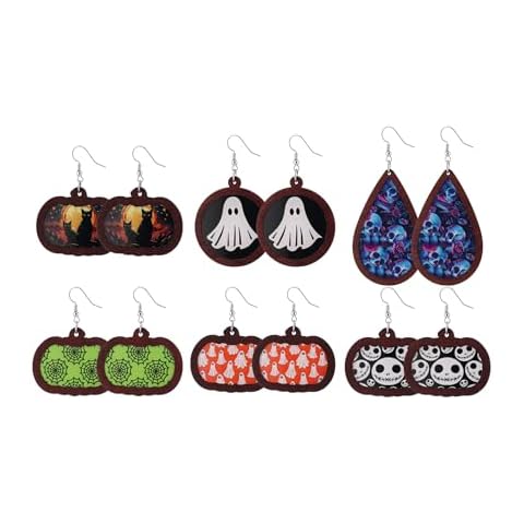 Cooluckday Halloween Earrings for Women Wooden Earrings Ghost Punmpkin Skull Spider Web Earrings Cute Halloween Earrings Bulk Halloween Jewelry for Women 6 Pairs Cover