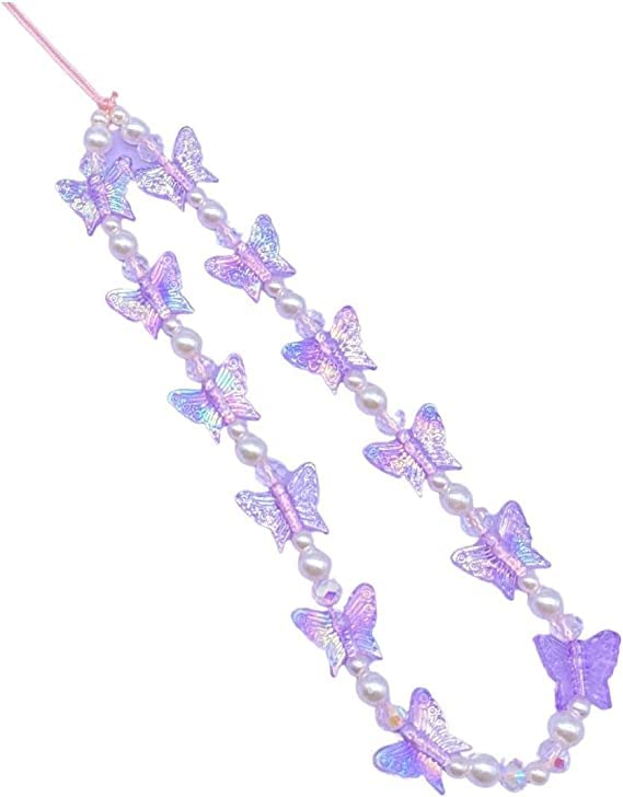 THE WHITE SHOPNatural Stone Cell Phone Lanyard Strap Charms- Handmade Colorful Beaded Butterfly Charms for Women Girl, Rainbow Keychain,purple