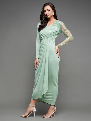 Image of Miss Chase Women's Fit and Flare Full Length Pleated V-Neck Full Sleeve Dress