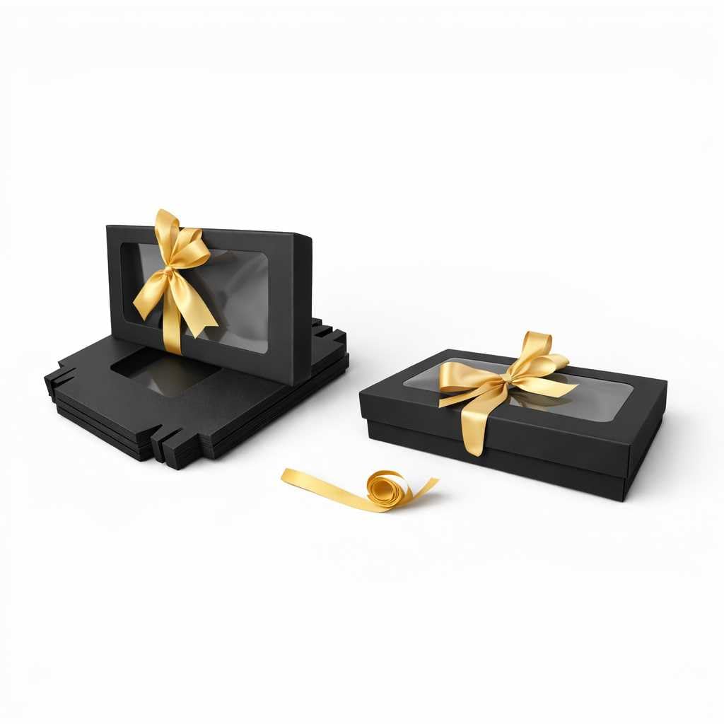 Emartbuy Pack of 36 Black Gift Boxes with Clear Window Lid & Gold Satin Ribbon - Small 21.5 x 13.5 x 4.5 cm - Recyclable Kraft Presentation Box for Hampers, Treats, Weddings & Favours