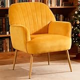 E-Motie Velvet Accent Chair, Modern Upholstered Single Sofa Side Living Room Chair, Comfy Barrel Reading Armchair with Metal Legs for Bedroom, Waiting Room, Office and Cafe, Yellow
