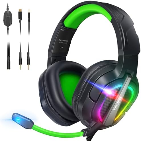 Krysenix PG2 Gaming Headset for PS4/PS5/PC/Xbox One/Switch, PS5 Headset with AI Stereo Microphone, Gamer Headset with 3.5mm Plug and RGB Light, Black/Green
