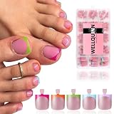 Wellquinn Toe Nail Press Ons, French Tip Toe Press On Nails, 150pcs Square Pre-Designed Soft Gel Thick False Toenail Extension, 5 Colors Full Cover Acrylic Nails for DIY 15 Sizes