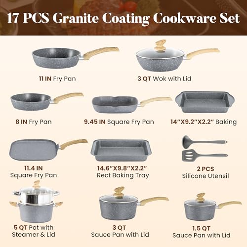 Kitchen Academy 17 Pcs Induction Hob Pots and Pans Set Non Stick, Nonstick Induction Kitchen Cookware Sets, Gray Granite Cooking Saucepan and Frying Pans Set - Image 7