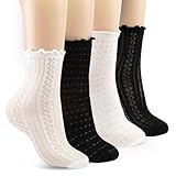 Pinboov 4 Paar Trachtensocken Damen,Weiße Schwarz Rüschen Socken,Baumwolle Dirndl Socken Damen,Bequeme Atmungsaktive Spitzensocken mit Hohl Muster für Frauen Mädchen