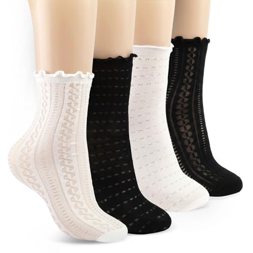 Pinboov 4 Paar Trachtensocken Damen Weiße Schwarz Rüschen Socken Baumwolle Dirndl Socken Damen Bequeme Atmungsaktive Spitzensocken mit Hohl Muster für Frauen Mädchen