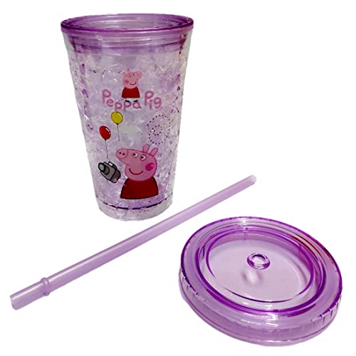 Image of BonZeal Pack of 1 Acrylic Freezing Gel Purple Peppa Pig Sipper Tumbler with Lid Straw 450 ml