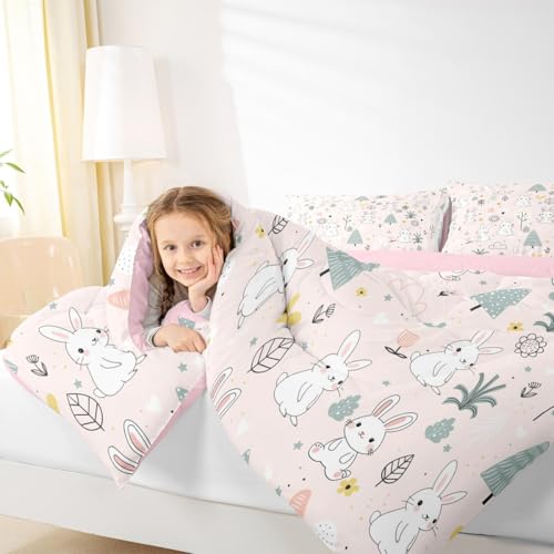 Image of Feelyou Cute Rabbit Comforter, Cartoon Bunny Comforter Set Toddler Size Kawaii Animal Comforter Set Toddler Size for Kids Boys Girls Botanical Plant Duvet Set Microfiber Quilt Set