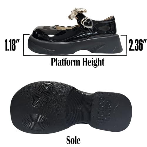 Kawaii Lolita Gothic Y2K Round Toe Platform Heels Floral Bows Trim Heart Buckle Black Mary Jane Platform Shoes3