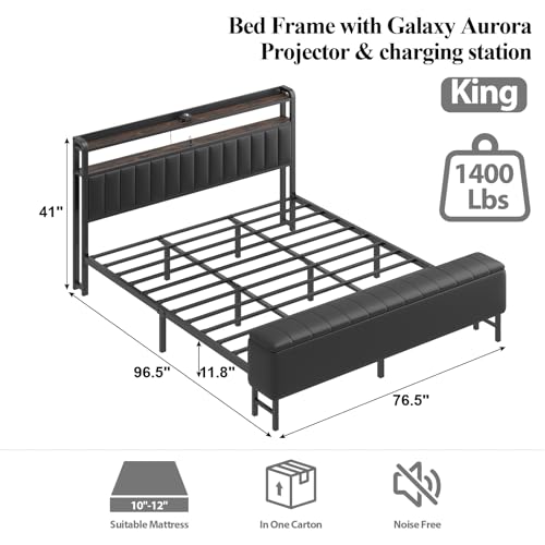 Image of King Size Platform Bed Frame with Storage Headboard, Star Projector, Black | Charging Station, Heavy-Duty Metal Slats, PU Leather Upholstered Platform, Storage Ottoman, Noise-Free, No Box Spring Needed