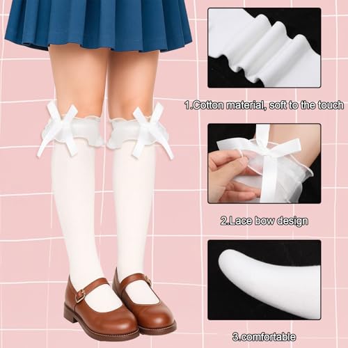 White Women Girl's Fashion Knee High Socks with Bow Womens Lace Ruffle Knee High Socks Girls Kawaii Lolita Stockings Cotton Bow Style Frilly Long Sock for Daily Wear Dating Performances Parties3