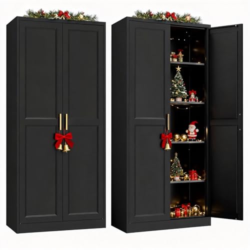 SteeLoong Kitchen Pantry Cabinet,71”Black Metal...