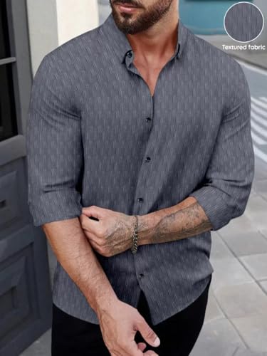 Image of DEELMO Men's Regular Fit Button Down Dress Shirts Textured Long Sleeve Casual Hawaiian Shirt