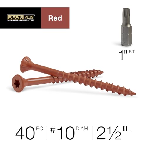 Image of Deck Plus 2-1 /2 Inch Epoxy Coated Exterior Wood and Fence Screws #10 x 2-1 /2 inch Torx /Star Drive Included Coarse Thread, Outdoor Rust Resistant Decking Screw, Red, XL Pack, 40 Pieces | 42599