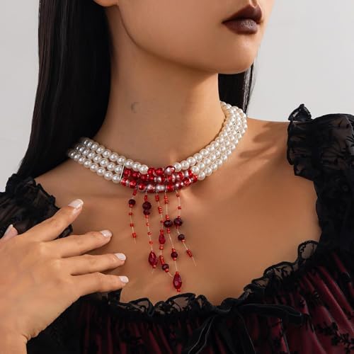 Vampir Kostüm Damen Set - Halloween Accessoires Damen & Vampir Zubehör - Blutige Perlenkette & Ohrringe für den Grusel-Look, Halloween Kostüm damen, Verstellbarer Blutige Perlenkette für Halloween