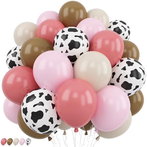 Image of Cowgirl Balloons Dusty Pink Brown Cow Print Balloons Light Pink Khaki Tan Coffee White Sand Nude Balloon Set for Western Cowboy Girls Farm Rodeo Rustic Baby Shower Birthday Party Decorations