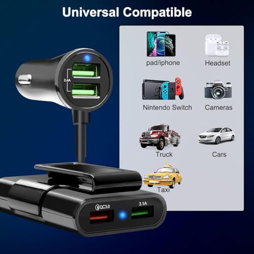 Image of 40W Fast Car Charger with 4 USB Ports (8A Output) - Front & Back Seat Charging, 1.8M Cable, Car Cigarette Lighter Socket Splitter, Universal 12V-24V Car Adapter for Road Trips & Daily Use