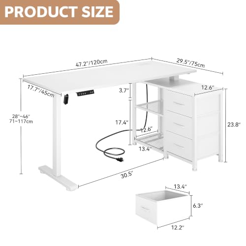 Image of 47 Inch L Shaped Desk with 3 Drawers Electric Standing Desks White | with Storage Computer Table Adjustable Height with Power Outlets 4 Memory Presets for Home Office, White