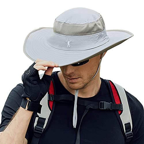 Cooltto Sonnenhut Herren Damen UV Schutz Anglerhut mit 10CM Breiter Krempe Faltbar Fischerhut mit Kinnband Wasserdicht Wanderhut für Angeln, Jagd, Camping Outdoor-Aktivitäten-Hell Grau Cover