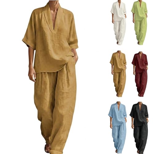 2026 New Women's Casual Cozy Minimalist Linen 2 Piece Set Top and Pants Summer Travel Vacation Outfits (Khaki,l)