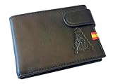 Tiendas LGP - Cartera Billetero Monedero Tarjetero, para Hombre de Color Negro, Virgen del Rocio, Detalle de Bandera de España, Piel de Vacuno, Fabricada en Ubrique (España), Cierre con Presilla