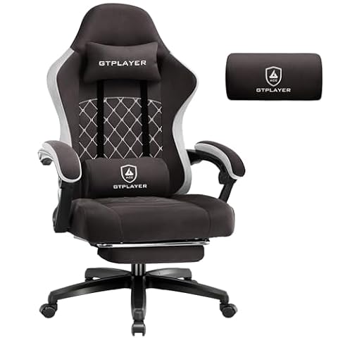 GTPLAYER Fotel gamingowy z materiału, fotel gamingowy z poduszką ze sprężynami kieszeniowymi, ergonomiczne krzesło obrotowe, krzesło dla graczy z podnóżkiem, obciążenie 150 kg, brązowy