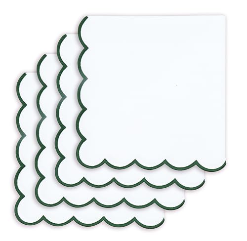 Image of PurpleEssences Scalloped Cloth Napkins 18x18 in - White Edges Forest Green