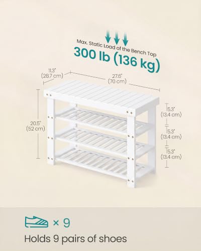 Image of SONGMICS Bamboo Shoe Bench with Seat, 11.3 x 27.6 x 20.5 Inches | Entryway Organizer for Bedroom, Cloud White, Bambou Collection ULBS370W101