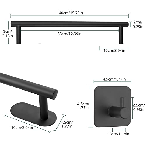 16-Inch Towel Bar, Jigiu Self Adhesive Towel Holder With 3 Packs Towel Hooks, Bath Towel Bar Rack Sus304 Stainless Steel Wall Mount Bathroom Hardware Accessory Kit No Drilling For Kitchen -Black #TOP1
