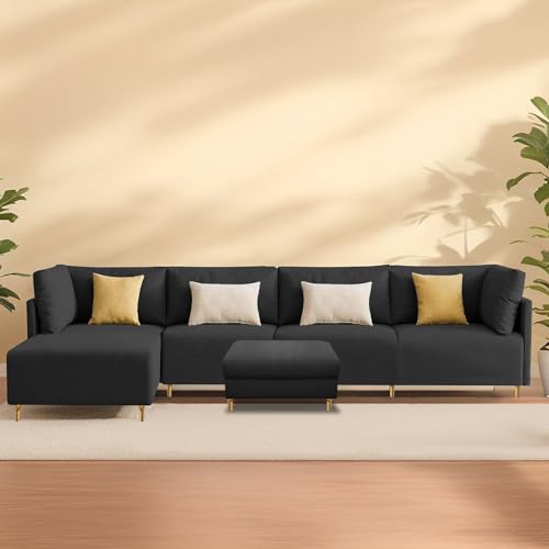Image of Carina LHS 6 Seater L Shape Sofa Set with Center Table for Living Room (Black Fabric) Premium Fabric Sofa