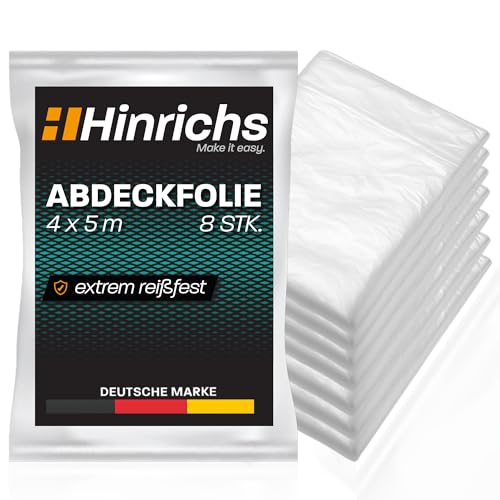 Hinrichs Abdeckfolie 8er Set à 4x5m - 160m² Malerfolie extra stark & transparent - Schutzfolie für Möbel & Böden - Maler Zubehör Plastikfolie zum abdecken - HDPE Folie mit 7my Stärke