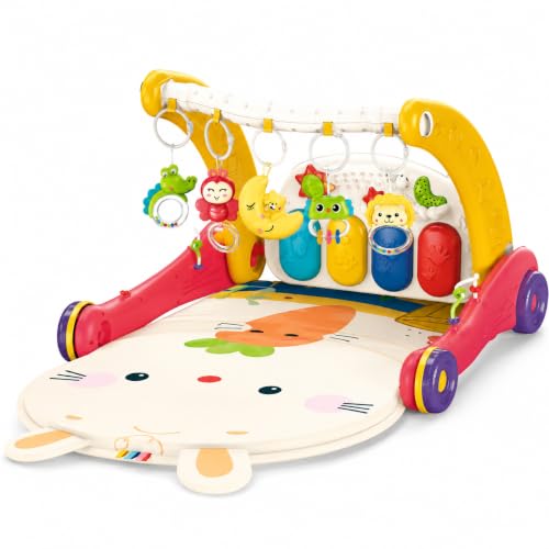 Piyanolu 2’si 1 Arada Bebek Yürüteci ve Tavşan Desenli Kırmızı Oyun Halısı, Müzikli Aktivite Oyuncağı, Bıb-6016