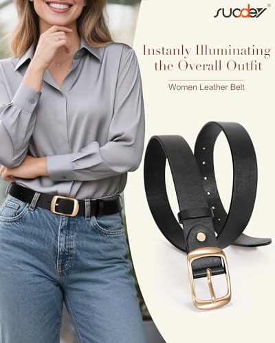 Image of Fashion Women Leather Belts for Jeans Designer Belts for Dress Pants with Gold Double O-Ring Buckle