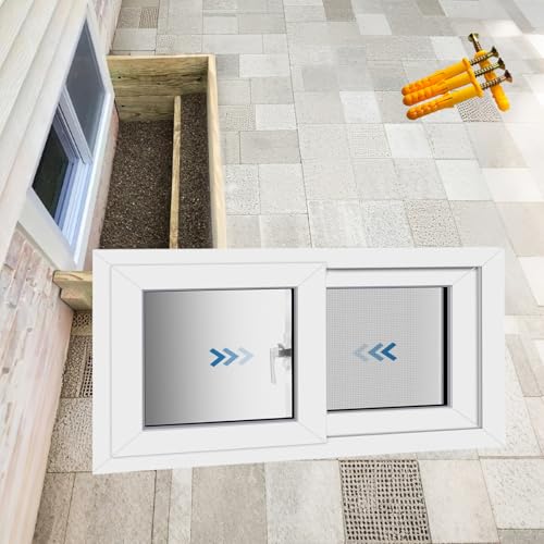 Generico Finestre Scorrevoli for Seminterrati, Finestre for Capannoni con Vetro Temperato E Zanzariera in Fibra di Vetro, Viti di Espansione Incluse, for Capannoni, Pollai(58x50cm)