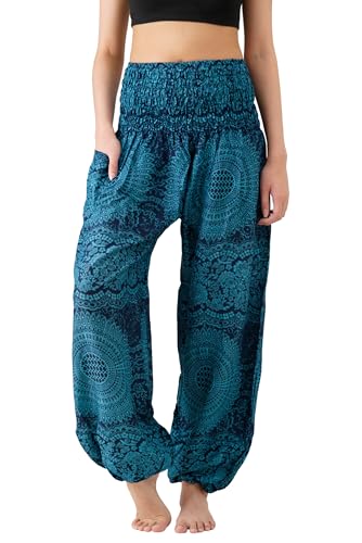 B BANGKOK PANTS Harem Pants Women Boho Clothes with Pocket (Blossom Blue, One Size)