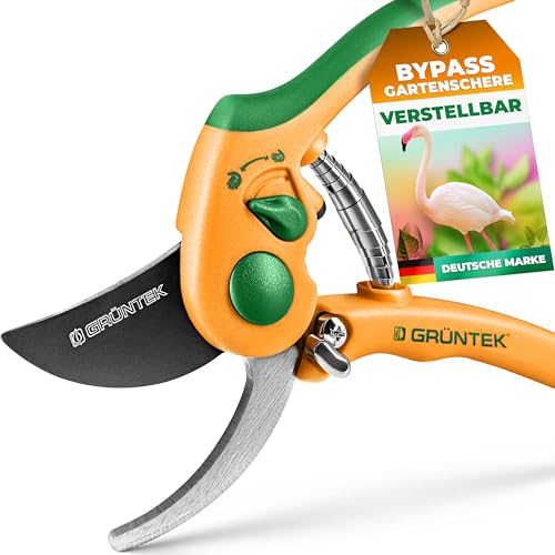 GRÜNTEK Gartenschere Flamingo mit Variabler Öffnungsweite, Bequeme Pflanzenschere, Blumenschere für kleine und große Hände