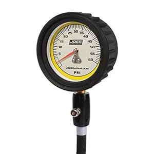 Joes Racing Products Tire Pressure Gauge, Pro Tire, Glow in The Dark, 0-60 psi, Analog, 2-1/2 in Diameter, White Face, 1 lb. Increments, Pressure Hold Valve, Each, Black (32327)