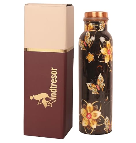Image of Pure Copper Water Bottle - Handcrafted - Ayurveda health benefits - Large 1000 ml - Leak proof - Easy to carry for Sports, Fitness, Yoga, School - Black Base Floral Textured Colorful Enamel