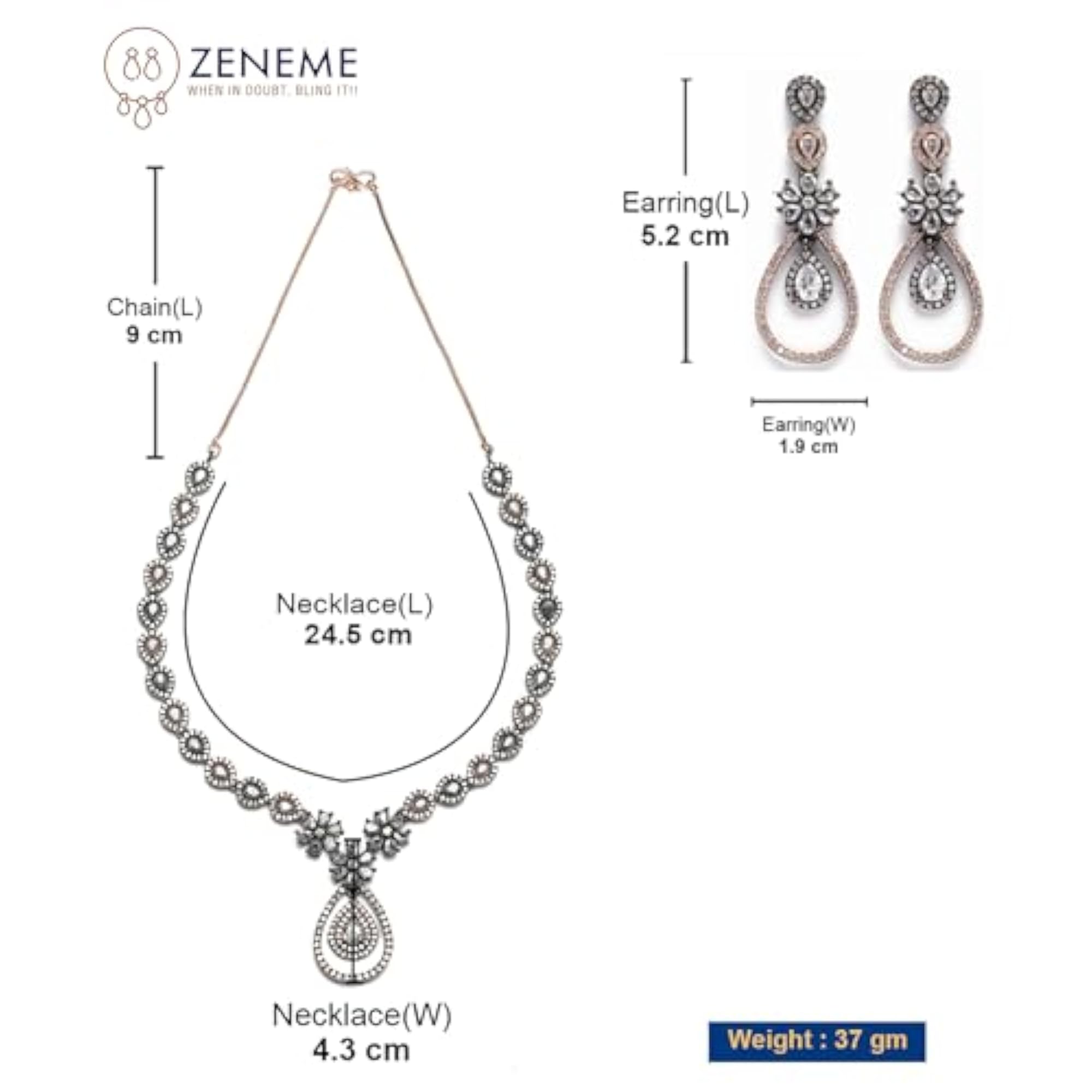 Gunmetal Toned AD Studded Teardrop & Floral Necklace Set