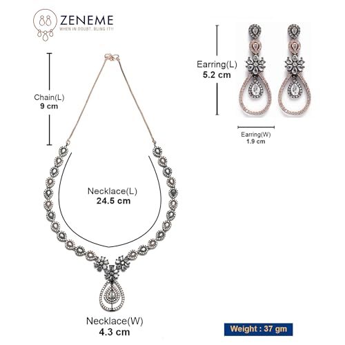 Gunmetal Toned AD Studded Teardrop & Floral Necklace Set